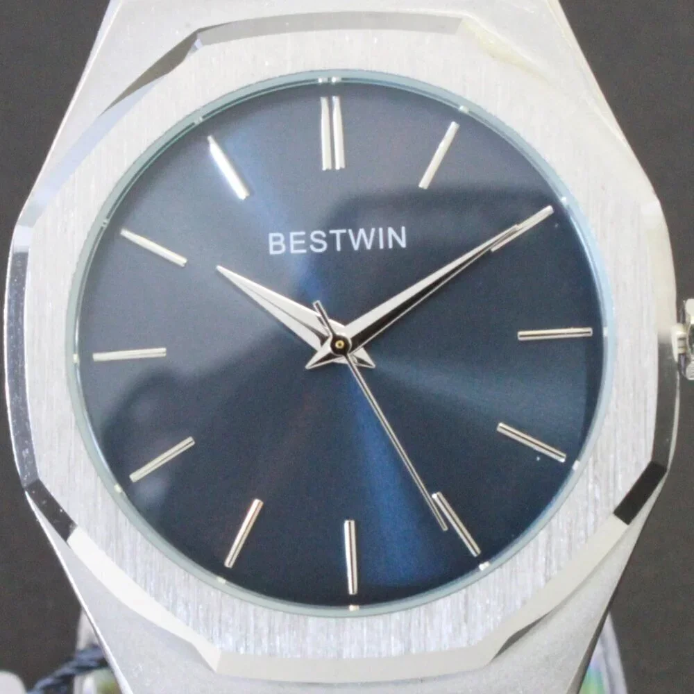 Men's Sports Watch Integrated Bracelet Silver Tone Blue Dial 41.5mm